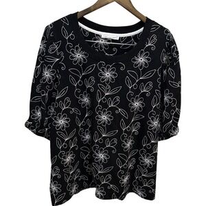 Jane+Delancey Black Top‎ w/White Floral Embroidery whimsigoth Boho Size 1X